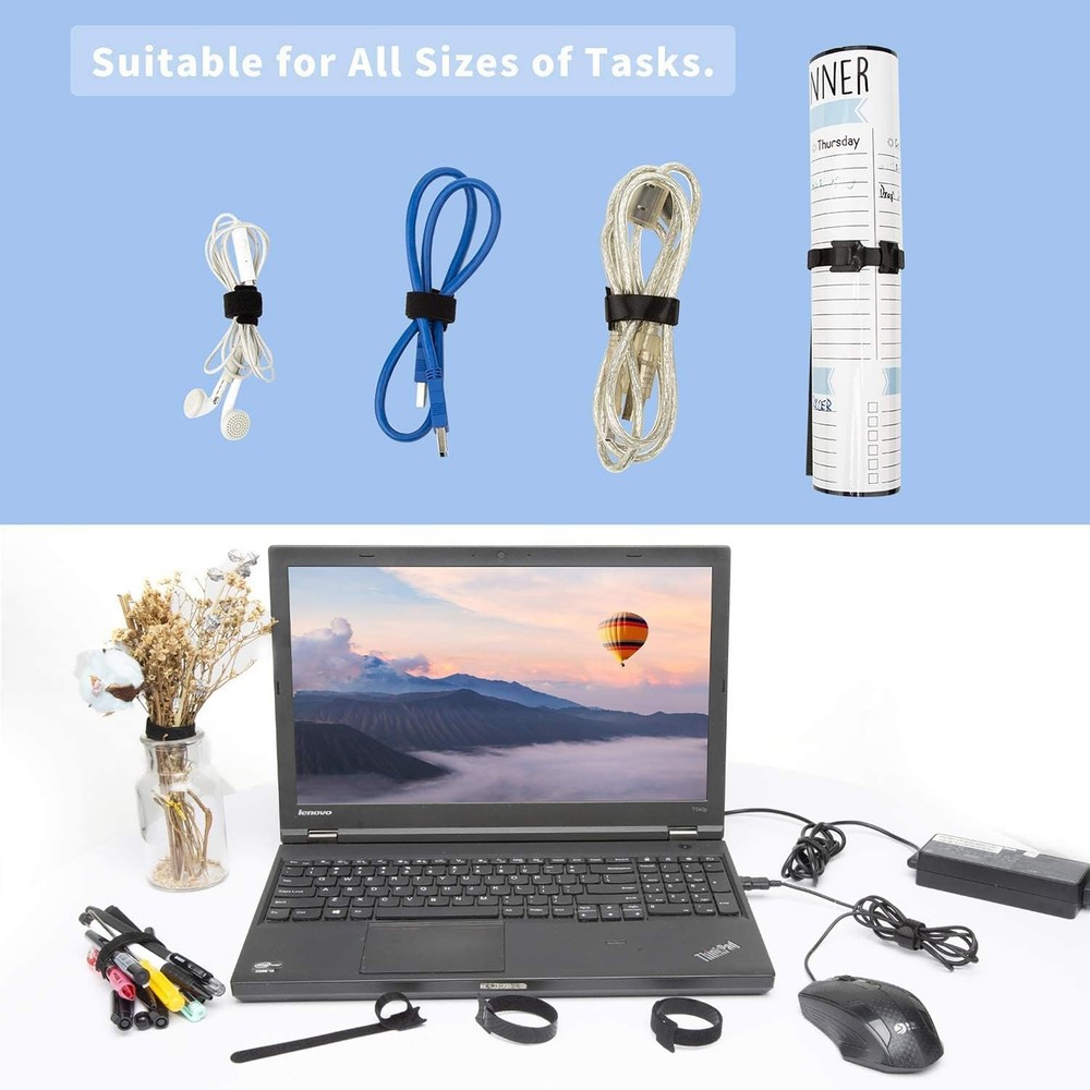 500 PCS Black Hook & Loop Ties-Wire Cord Fastening Straps Reusable