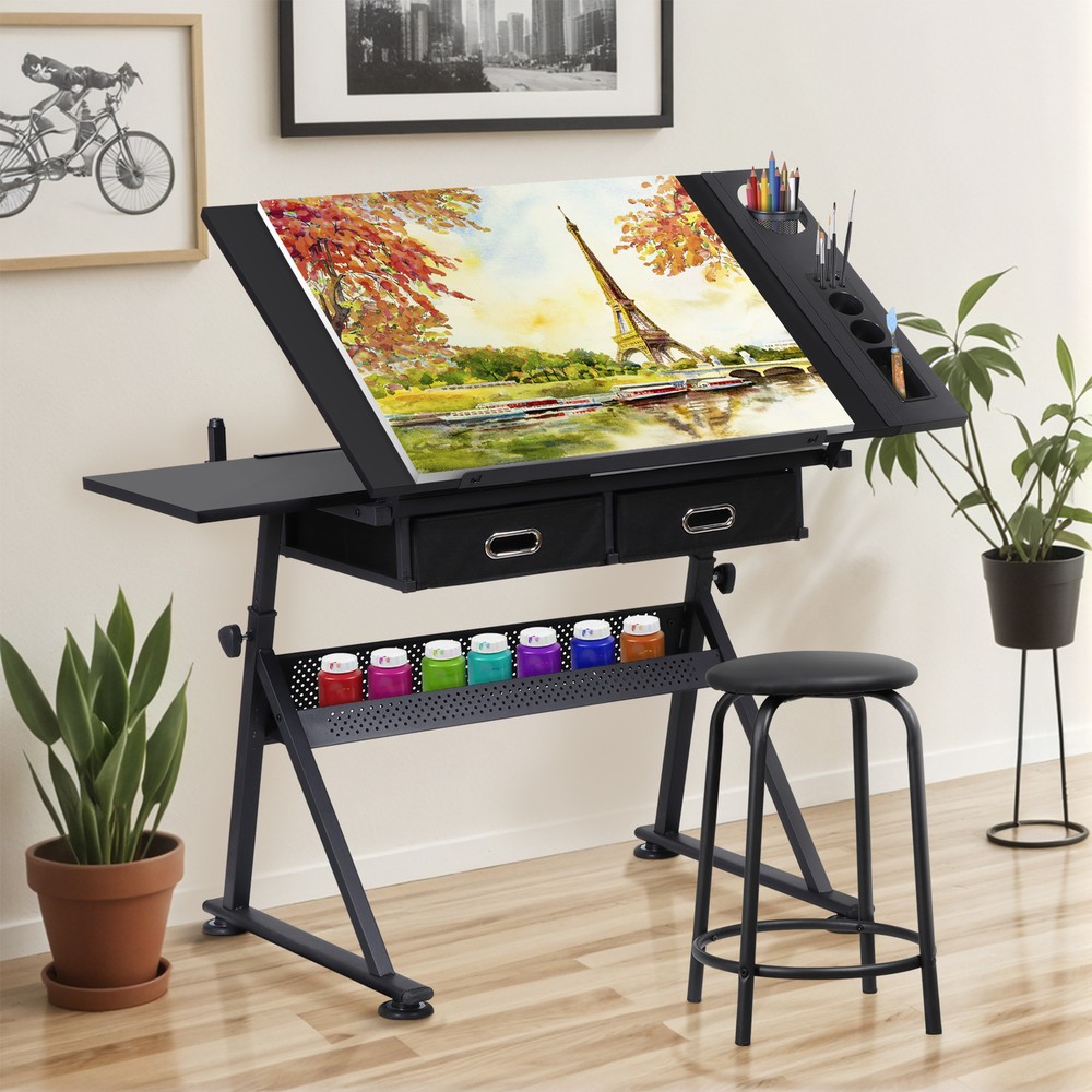 Black Drafting Drawing Table Adjustable Artist Desk Tilting Tabletop with Stool