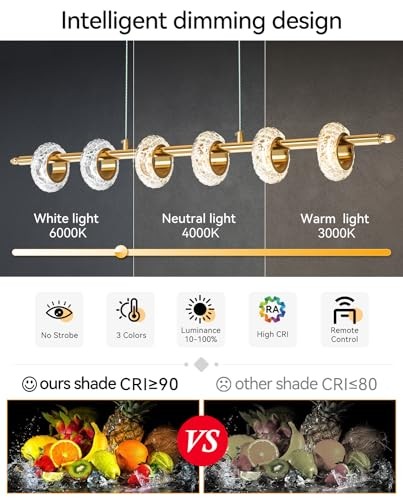 Dimmable Modern LED Chandelier with Remote Control, Crystal Dining Room 6-Light