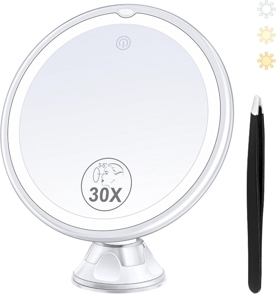 30X Lighted Magnifying Makeup Mirror with 3 Color Modes and Suction Cup