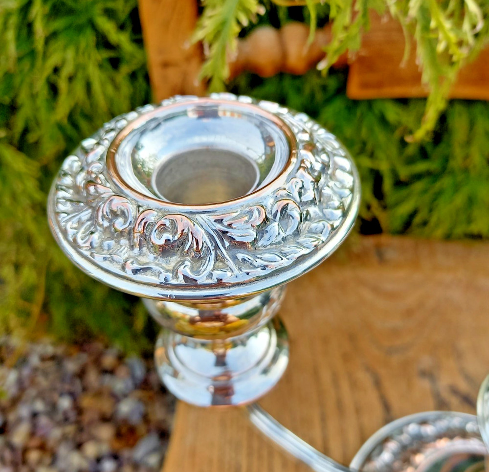 Antique Silver Plate on Copper Three Arm Candelabra