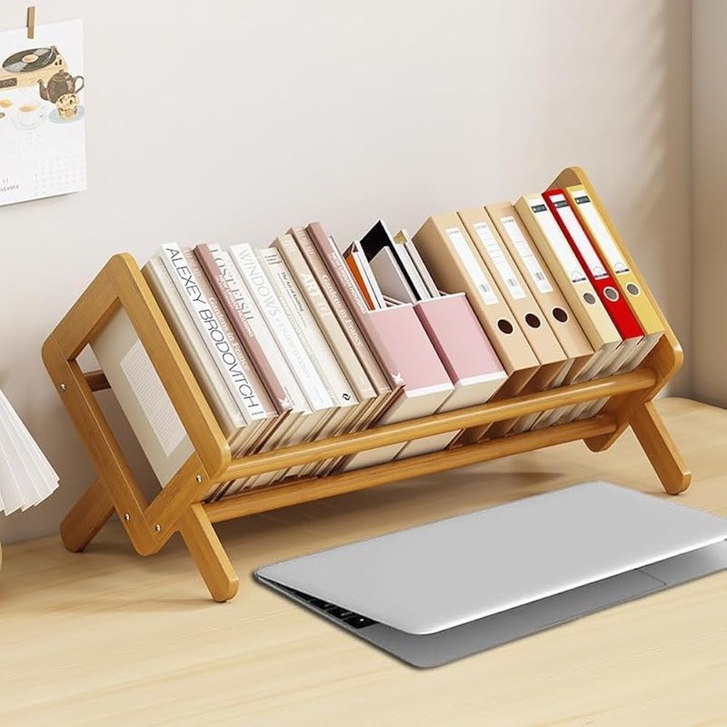 Bamboo Leaning Shelf Multi-Function Book Storage Organizer Easy Install Durable