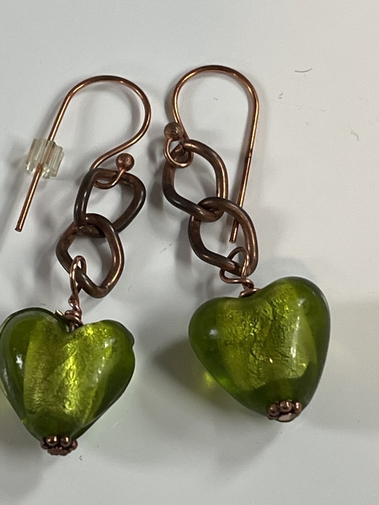 Green Glass Heart Dangle Earrings