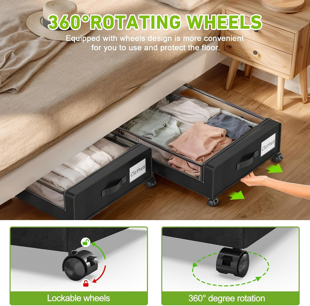 under Bed Storage with Wheels, 2-Pack under the Bed Storage Containers with Lids