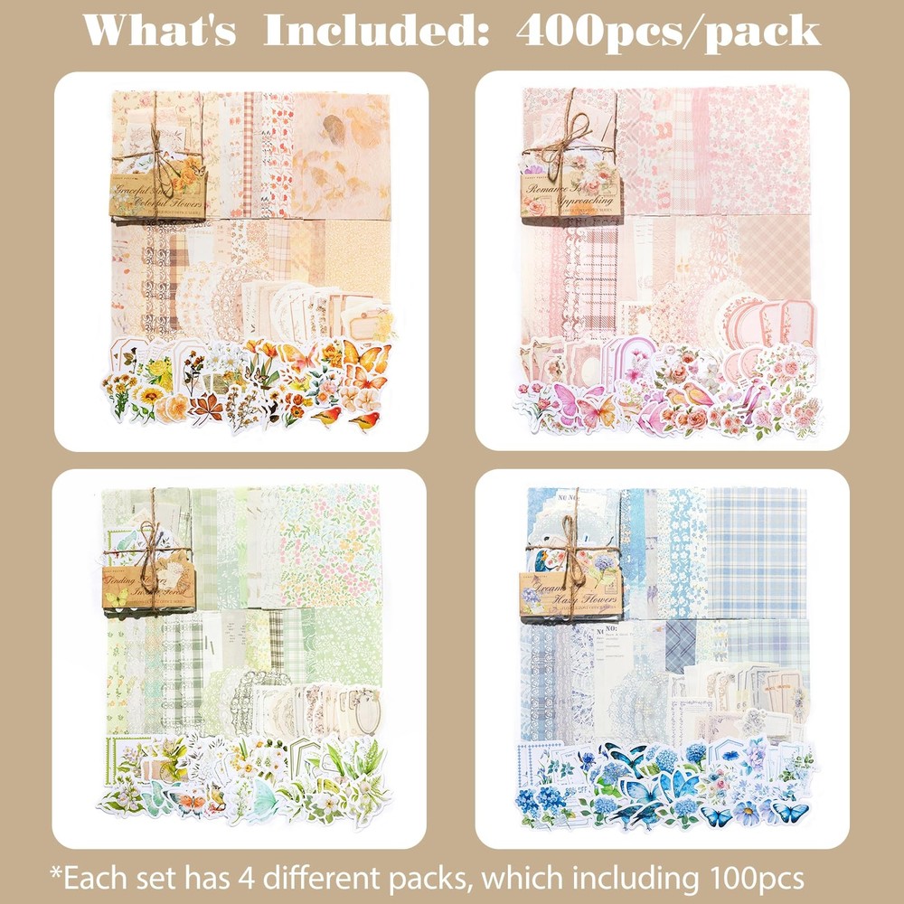 400 PCS Scrapbook Paper Pack Decorative Pattern Junk Journal Ephemera NO4