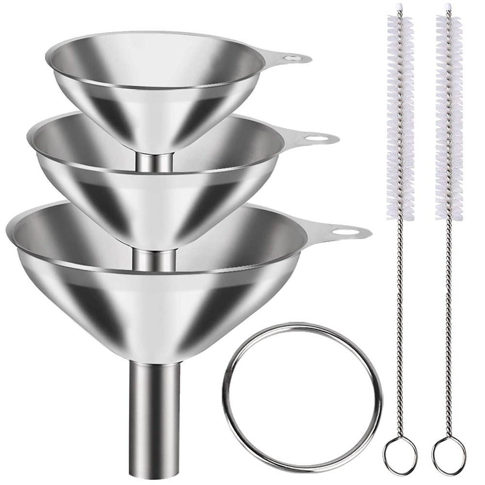 3PCS Stainless Steel Funnel Set with 2 Brushes - Large Medium Small Kitchen Use