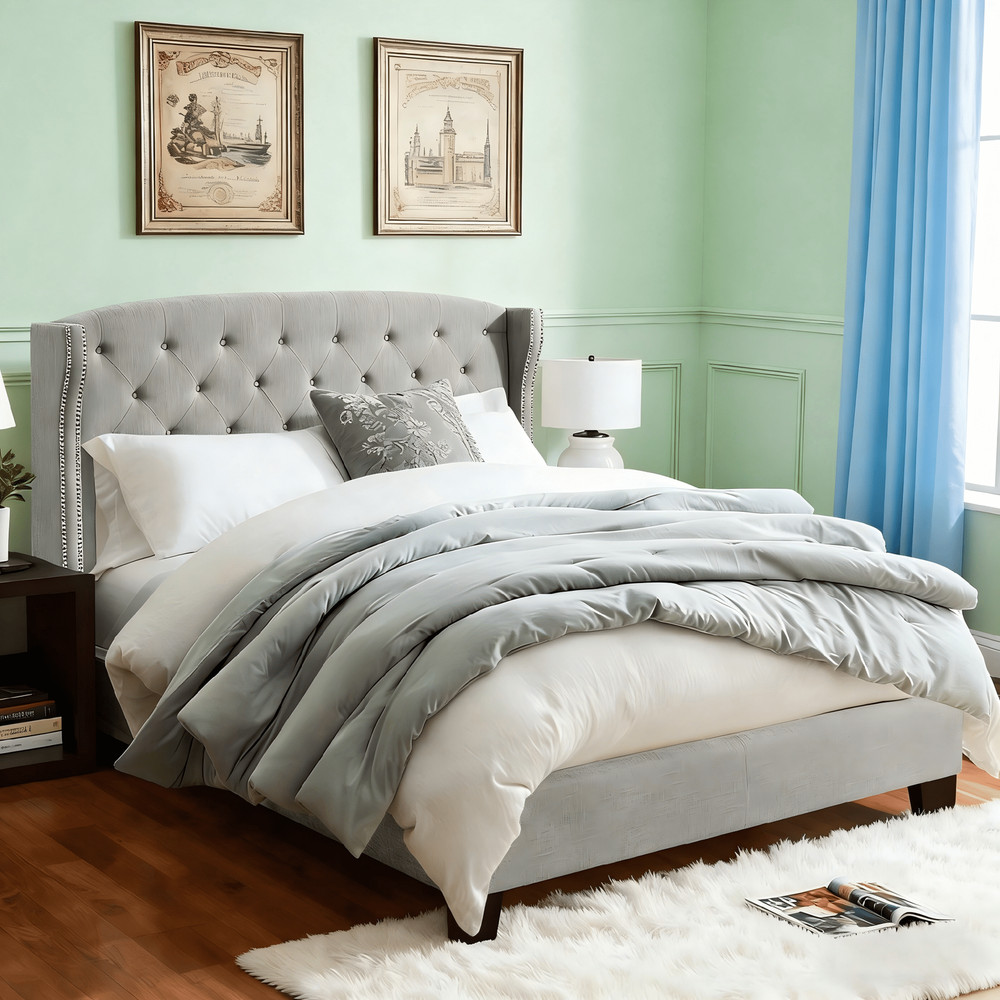 King Size Upholstered Platform Bed Frame W/ Adjustable Wingback Headboard Box