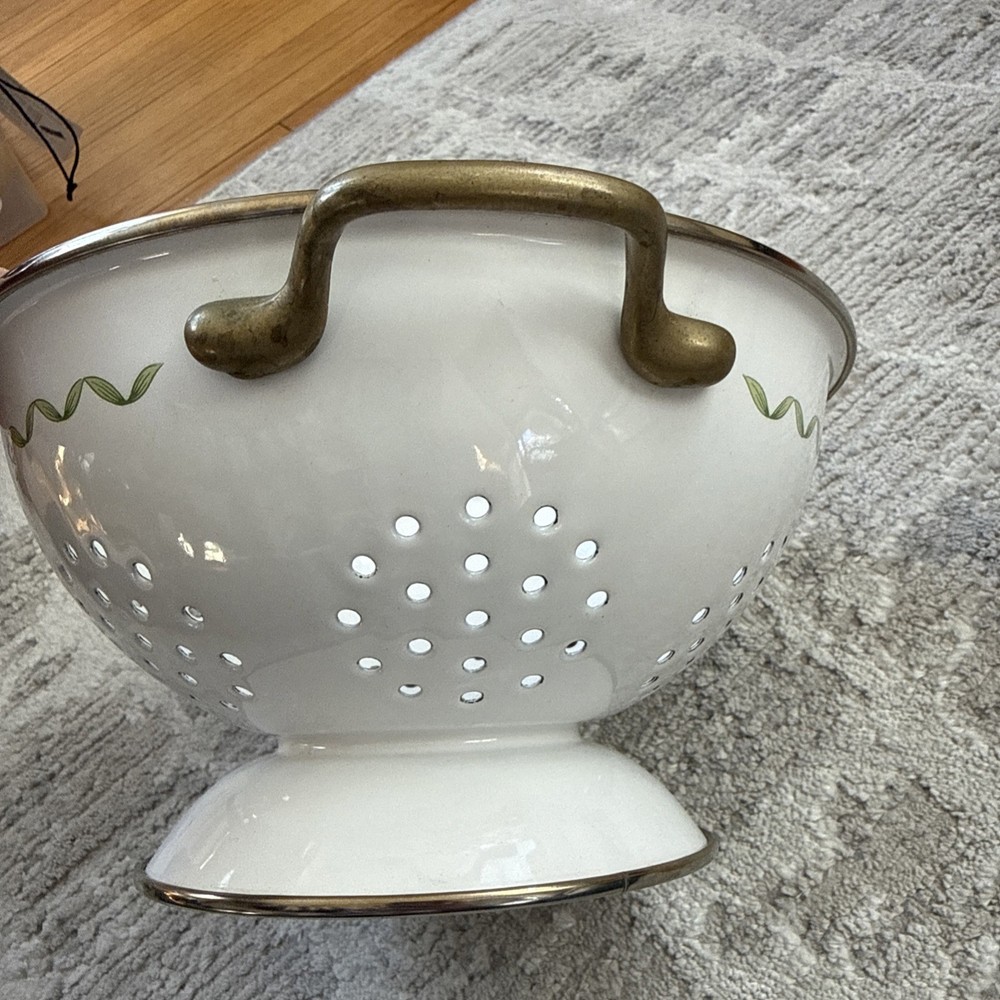 Enameled Colander/Strainer With Brass Handles Beautiful Floral Pattern