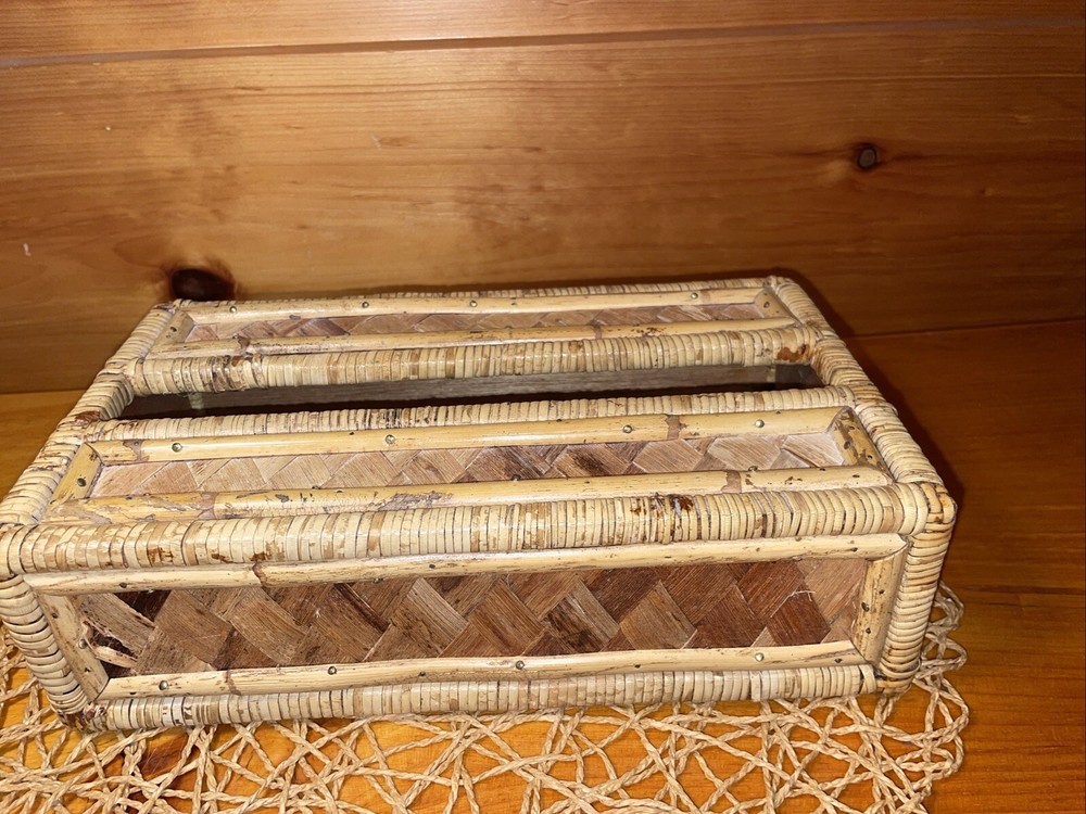 Vintage Tissue Box Cover Holder Bamboo Rattan Wicker Coastal Boho Rectangular