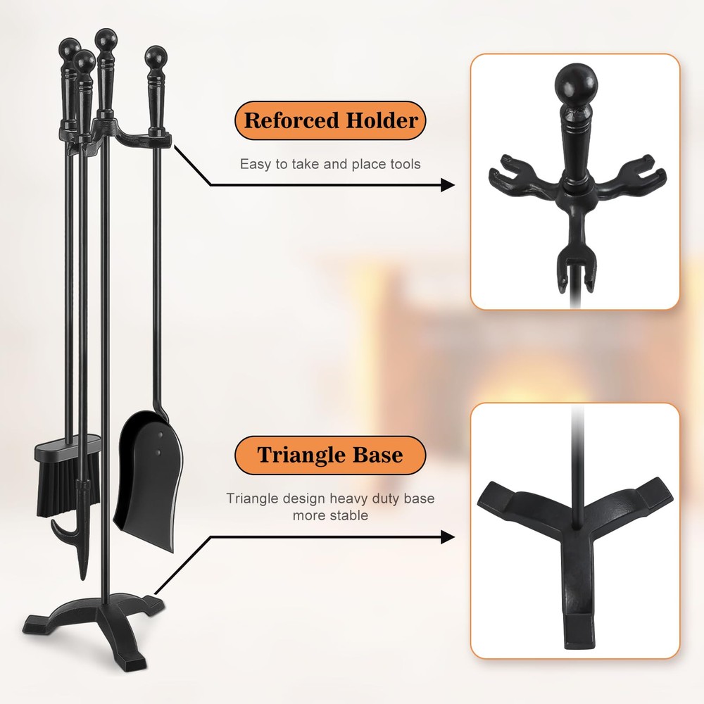 Fireplace Tools Set 4 Pcs 30 Inch Black Wrought Iron Large Fire Tool Set for ...