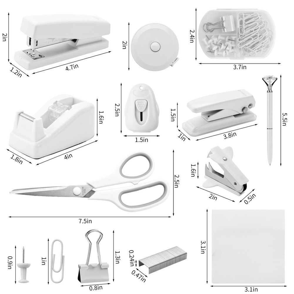 White Desk Accessory Kit Cute Office Supplies Set Desktop Stapler Set Include...