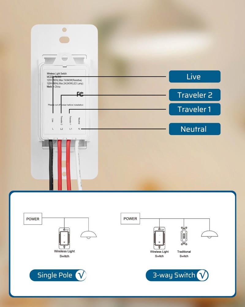 DEWENEILS 3 Way Wireless Light Switch,125V Wireless Light Switch and Receiver