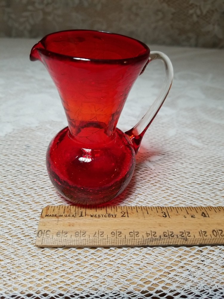 Crackle Glass Red Hand Blown 3.75" Pitcher