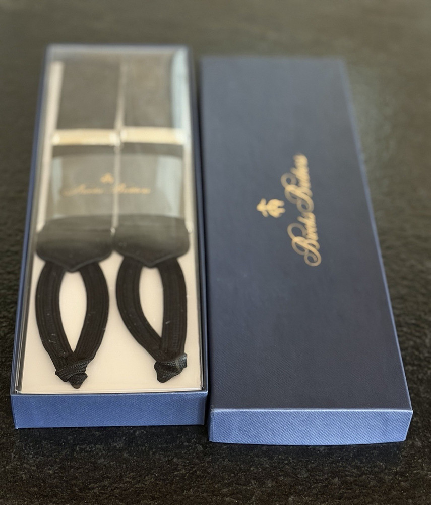 NIB Brooks Brothers Mens Solid Black Formal Solid Suspenders w/ Silver $148