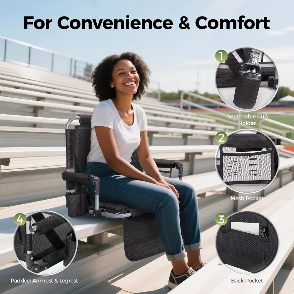 Lightweight Bleacher Mounted Stadium Seat w/Back & Arm Rest & Cupholder