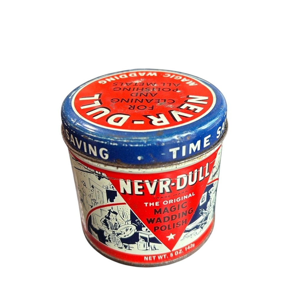 Nevr-Dull Magic Wadding Polish Tin- empty- some rust- with lid- 1940 decorative