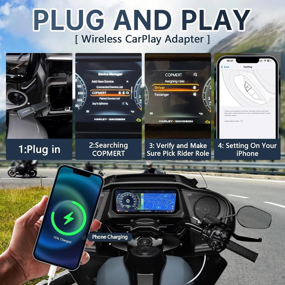 Compact Wireless CarPlay Bluetooth Adapter with USB-C for Harley & Honda Touring