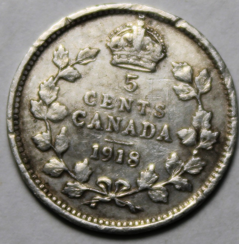 Canada 1918 Silver 5 Cents, Old Date KGV (C625)