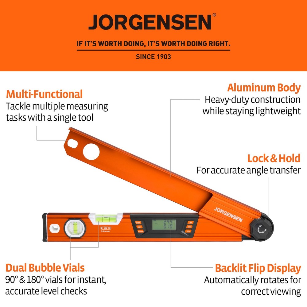 JORGENSEN Digital Angle Finder, Multi Finder Tool with Backlit Orange