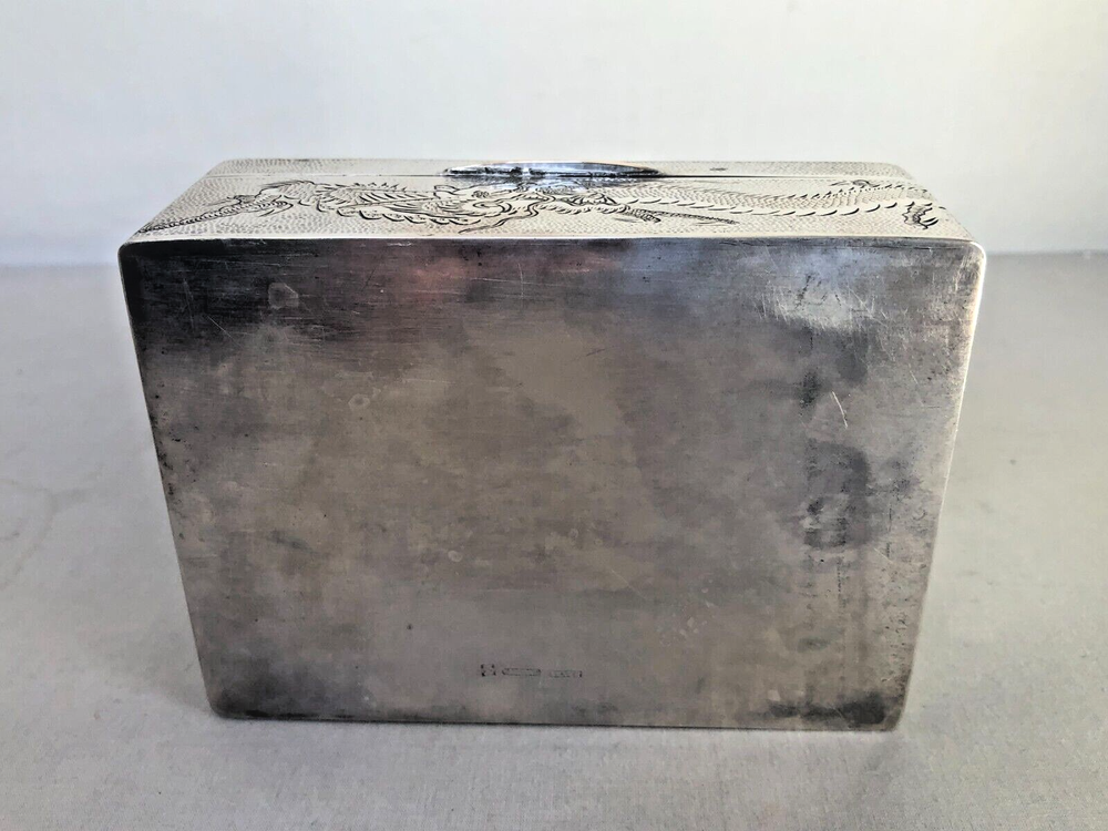 Antique Signed Chinese Sterling Silver Hand Engraved with Dragons Hinged Box.