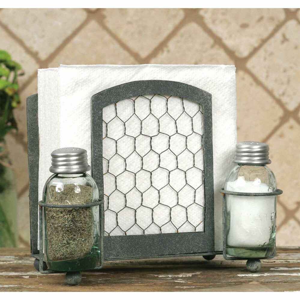 Salt &Pepper and Napkin caddy in distressed metal