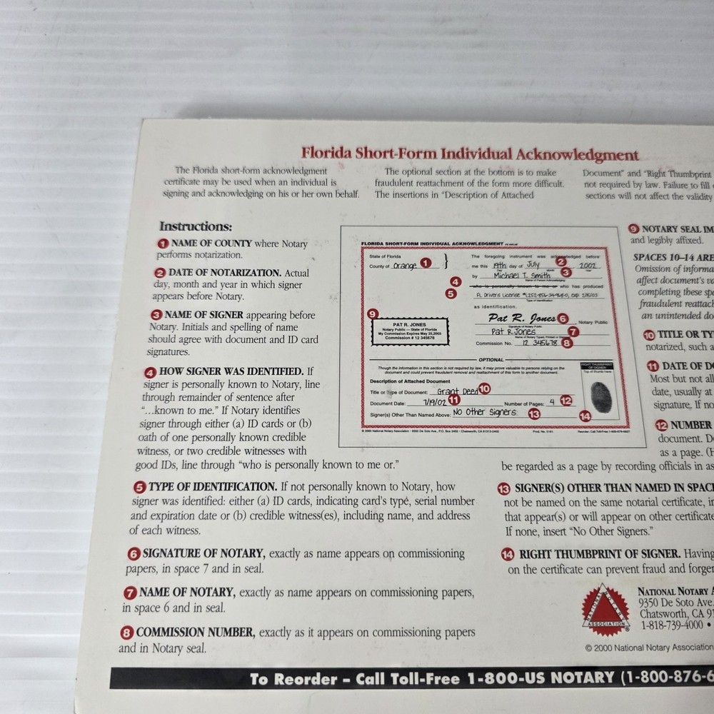 Florida Individual Acknowledgment About 100 Sheets Short Form Pad