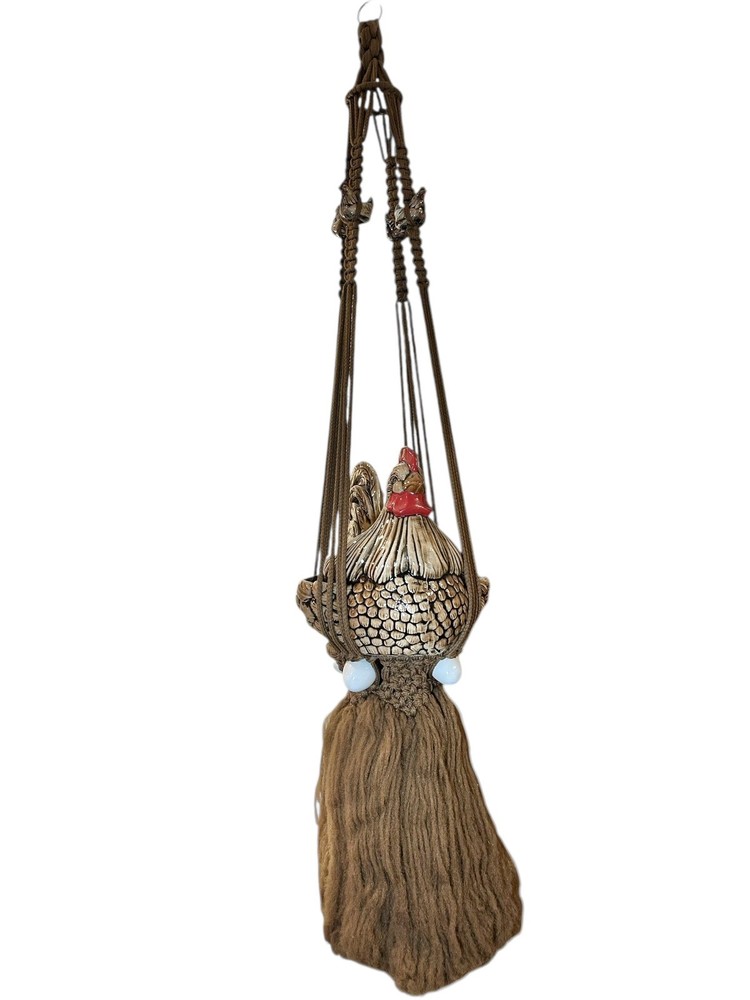 MCM Rooster Ceramic Planter Macrame Hanger 1976 Arnels Hen Chicken Egg Cottage