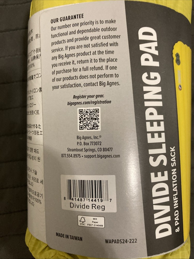 Big Agnes Divide Regular Sleeping Pad 20x72 NEW H100