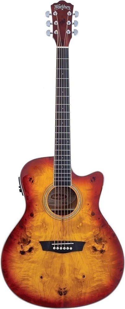 Washburn Deep Forest Burl 6 String Acoustic-Electric Guitar, Right, Amber...