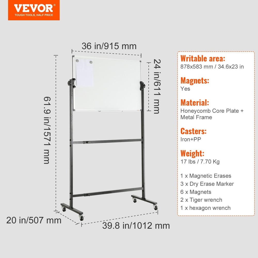 Rolling Magnetic Whiteboard, Double-sided Mobile Whiteboard 36x24 Inches, Adjust