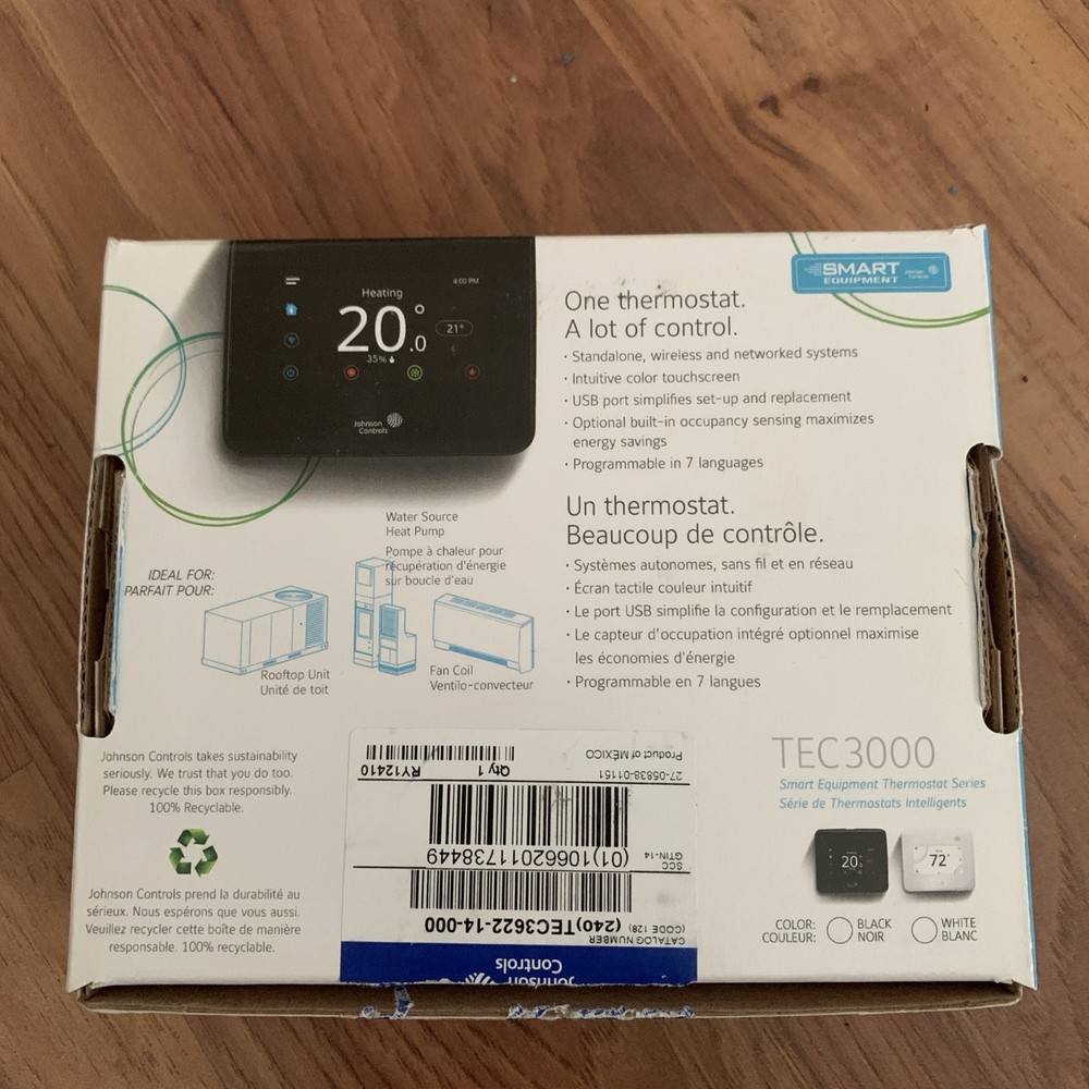 Thermostat Controller Johnson Controls HVAC Smart White TEC3000 TEC3622-14-000