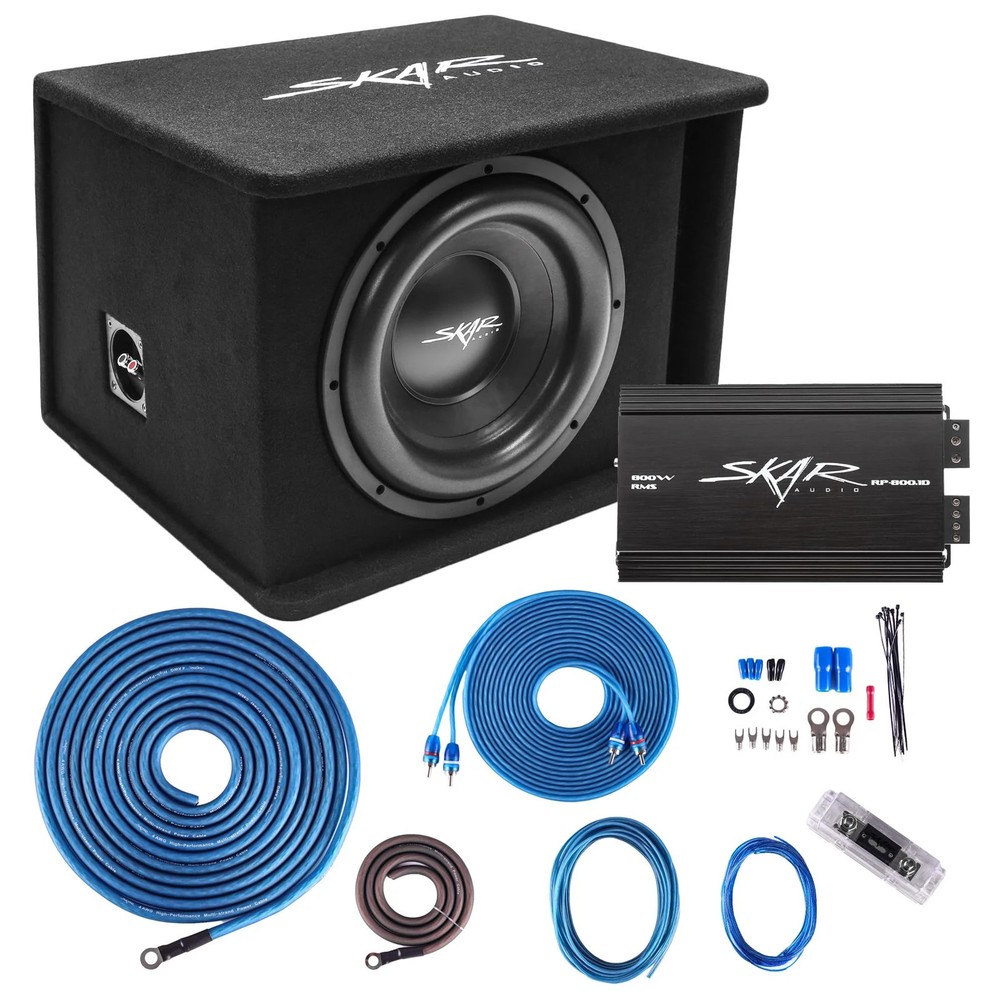 SKAR AUDIO SINGLE 12" 1200W SDR COMPLETE BASS PKG LOADED SUB BOX - AMP - WIRE