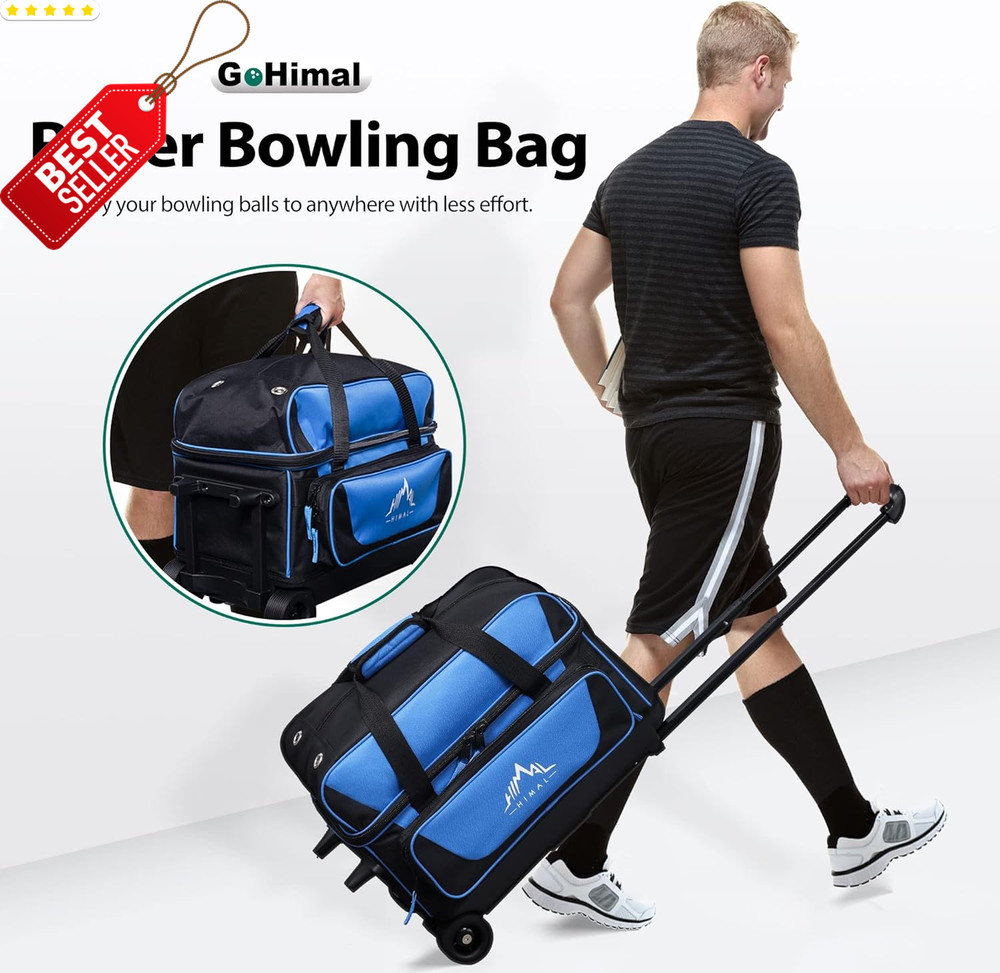 Double Roller 2 Ball Bowling Bag Shoe Compartment Retractable Handle US
