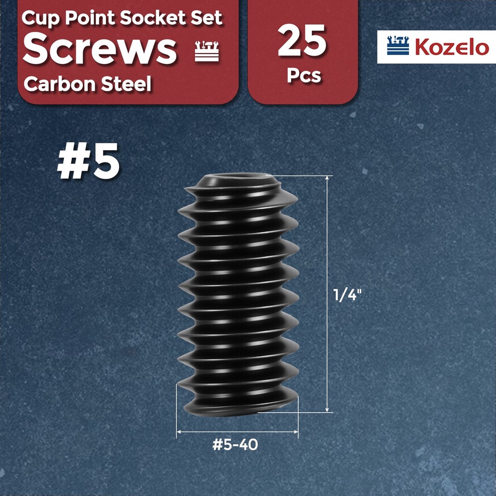 25Pcs Cup Point Socket Set Screws - [#5-40x1/4"] Carbon Steel, Black