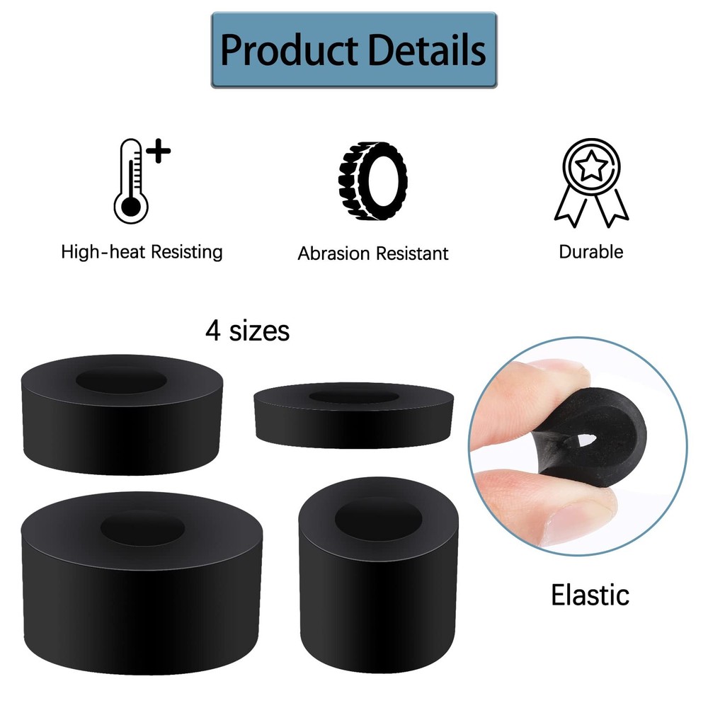 20 Pack Thick Rubber Washers - Round & Flat Spacers, 4 Sizes, Black