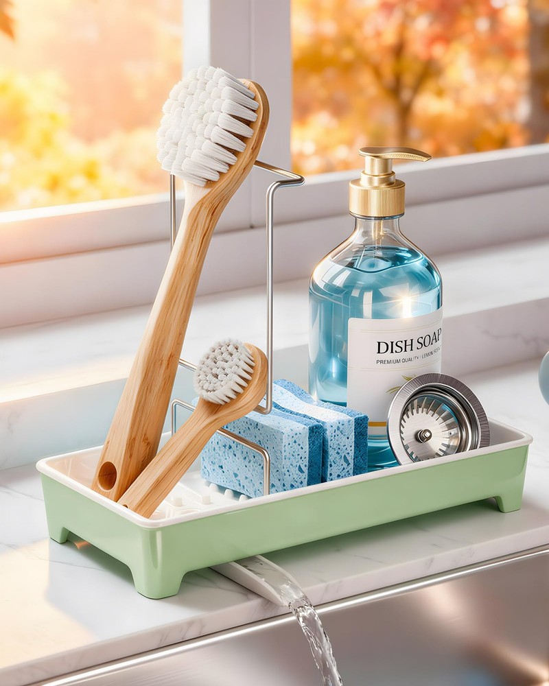 Caumic Minimalist Sink Caddy, Rustproof Sponge Holder for Kitchen Mint Green