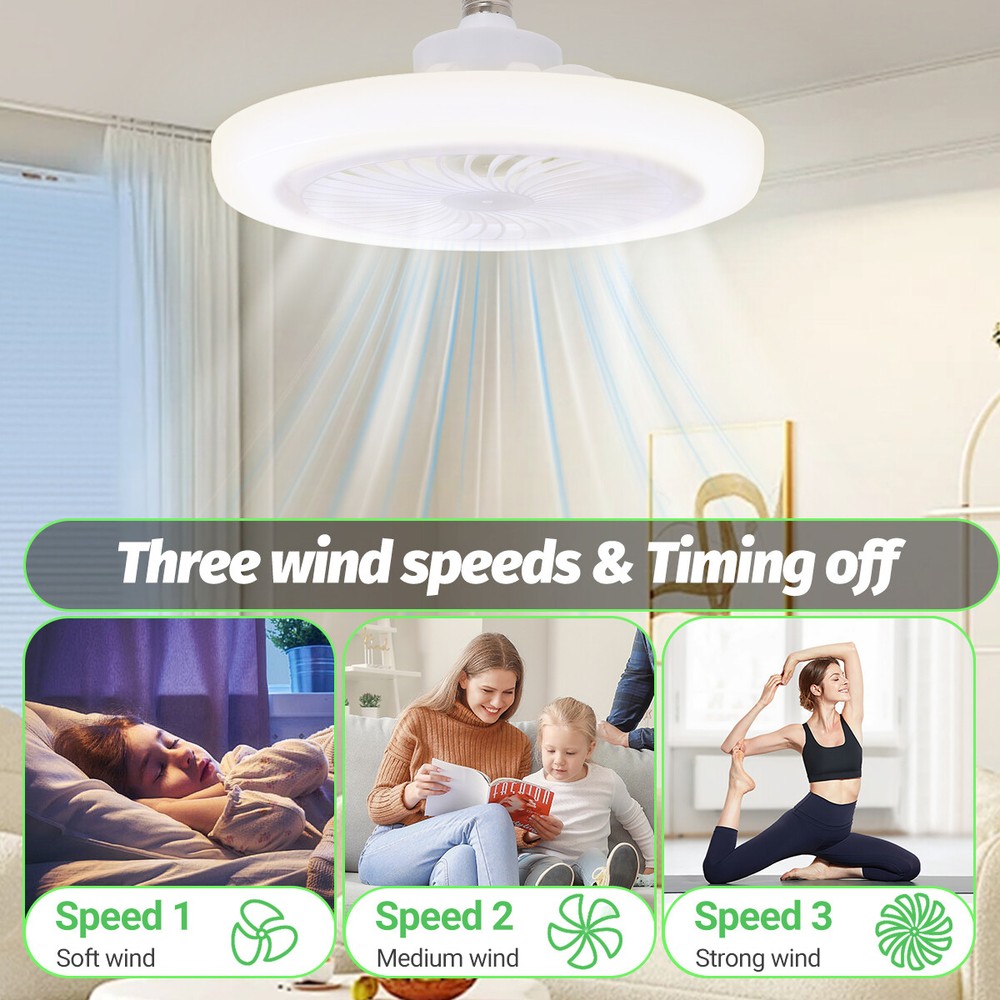 2 In 1 E27 Socket Fan Light With Remote Ceiling Fan Adjustable LED Smart 3 Speed