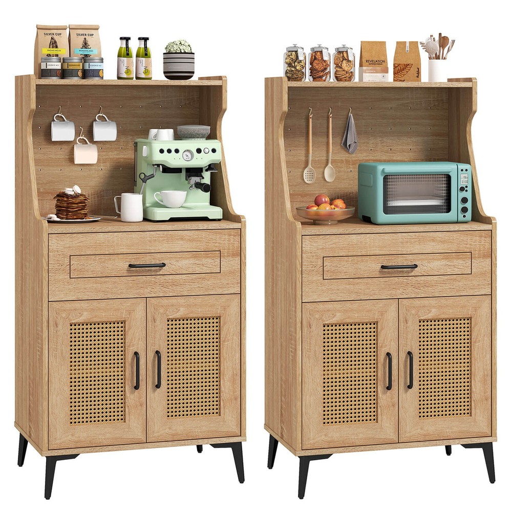 2PCS Coffee Bar Cabinet w/Pegboard Storage Drawer & Shelf Buffet Sideboard