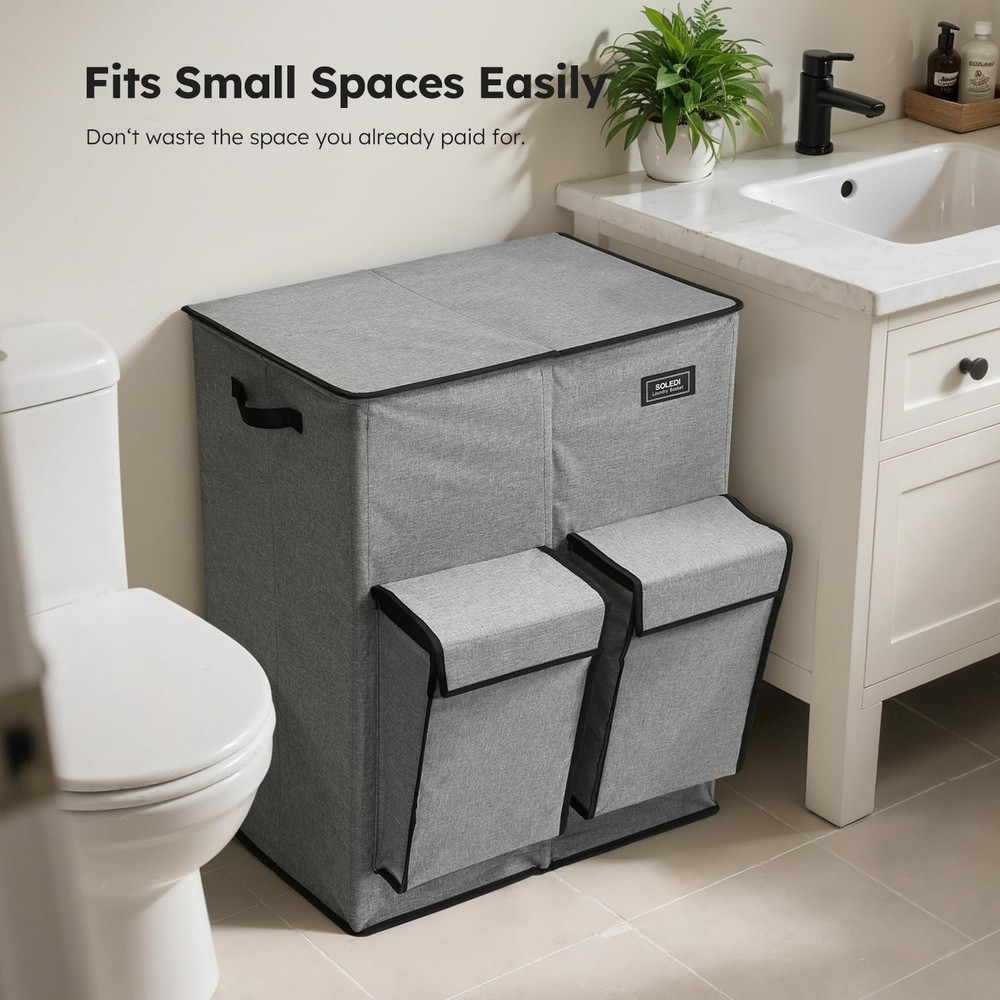 180L 47.8 Gal Grey Double Laundry Hamper With Lid 2 Section Removable Bag