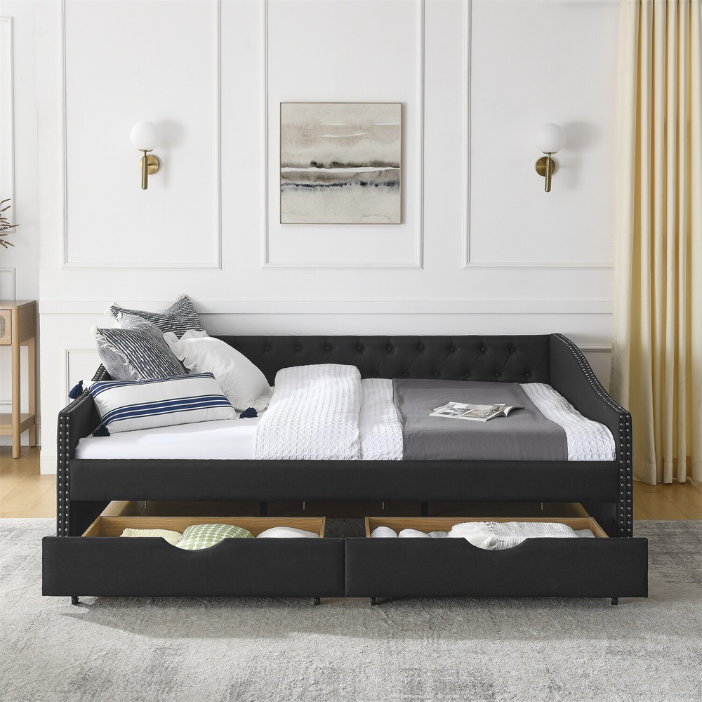 Queen Size Daybed w/ 2 Storage Drawers Upholstered Bed Frame Sofa Bed US