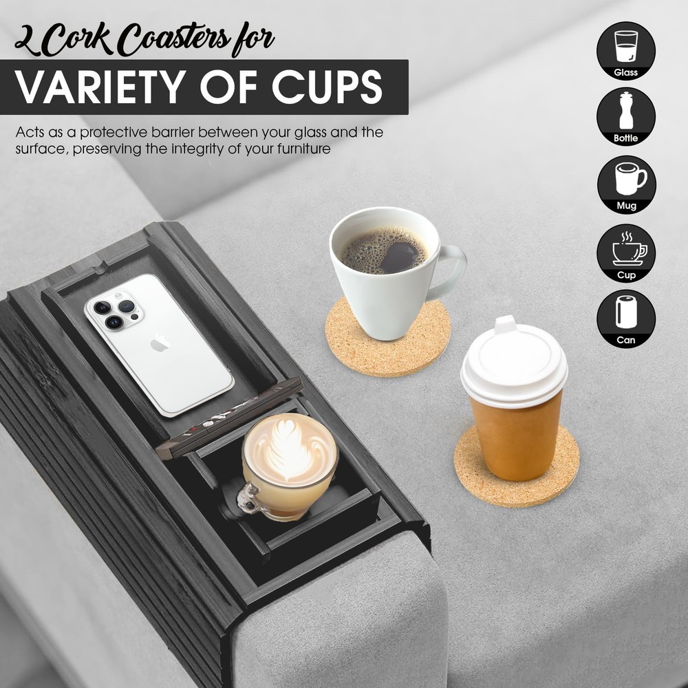 Couch Cup Holder Tray 2 Cork Coasters Armrest Caddy Anti-Slip Foldable