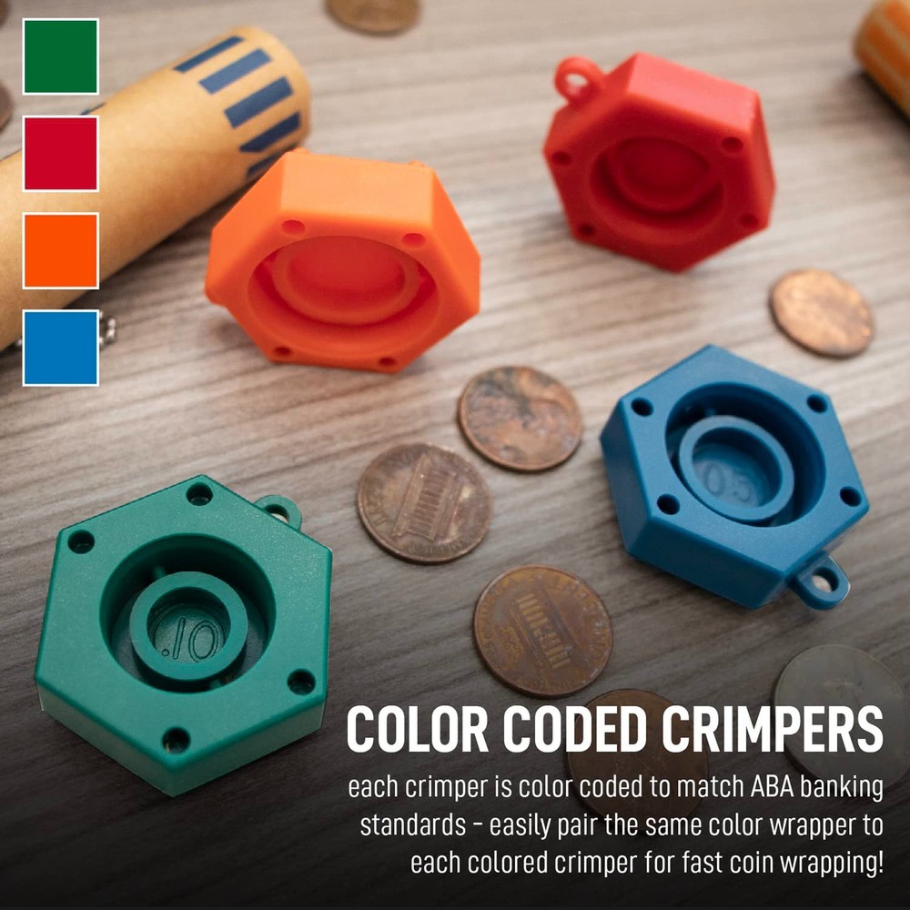 Nadex Coins™ Assorted Preformed Crimped-End Coin-Roll Wrappers with Color-Coded