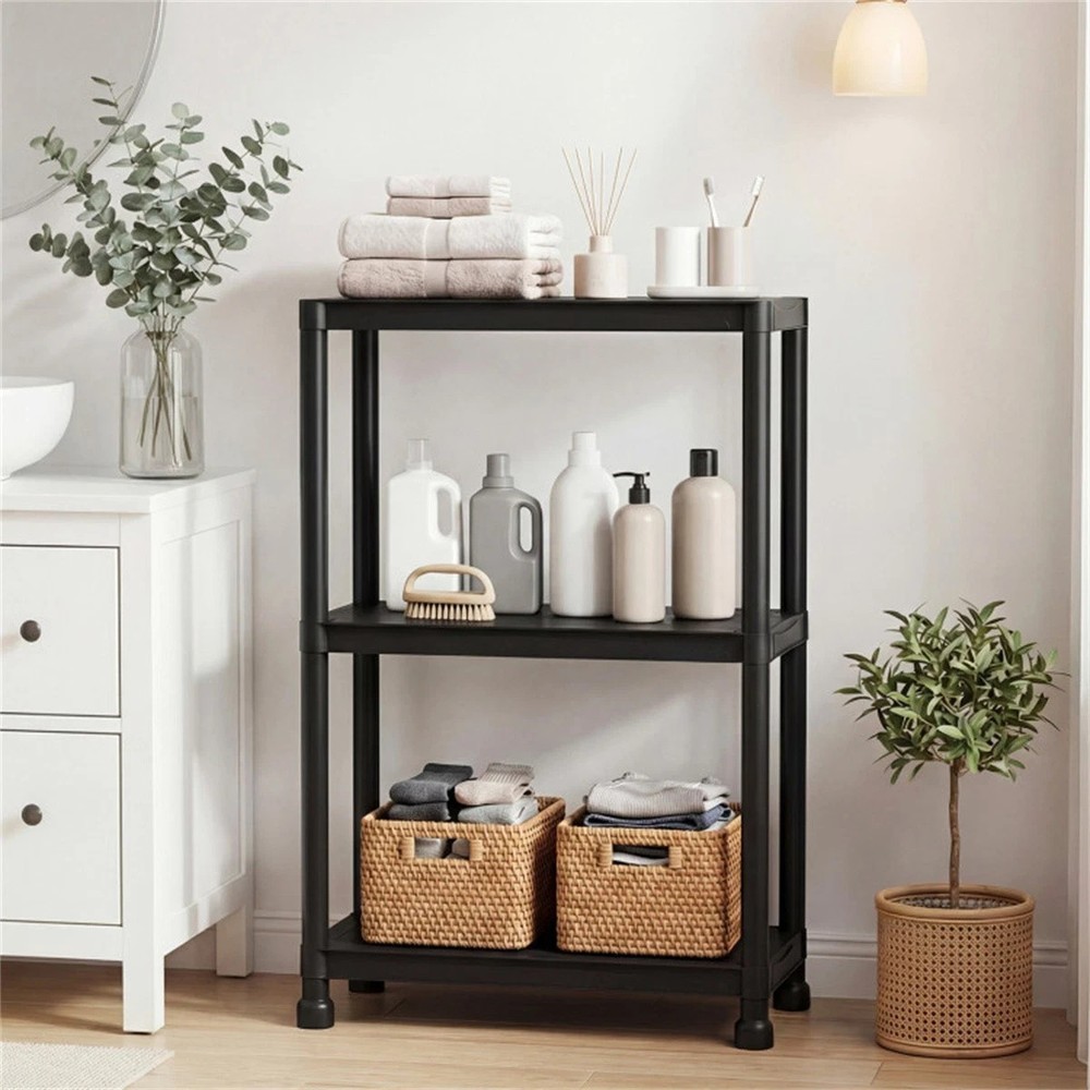 Black 3-Tier Garage Storage Shelf, PP Material 100LBS Per Shelf Tool-Free Assemb