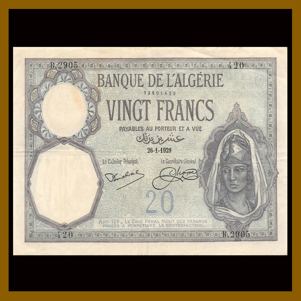Algeria 20 Francs, 1929 P-78b Large Size Note (F)