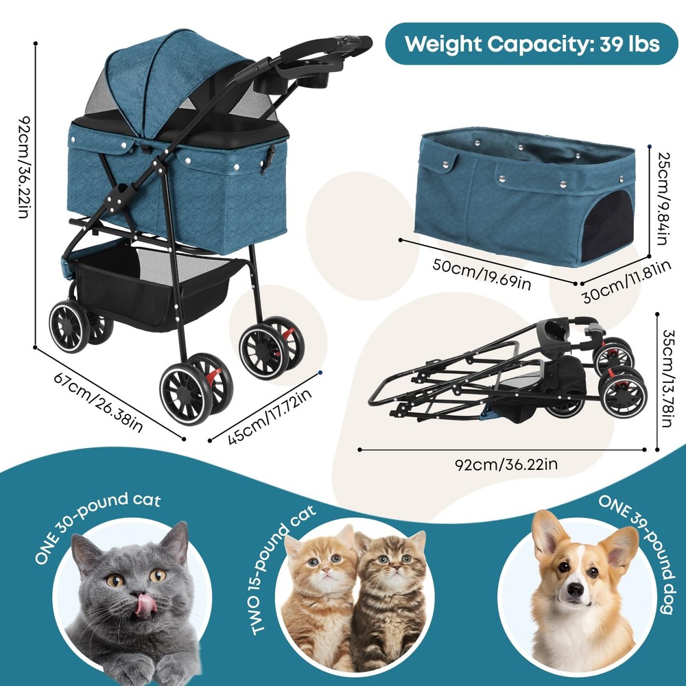Pet Stroller,Dog Stroller for Small Medium Dogs Cats,3 Wheels,Foldable,with B...