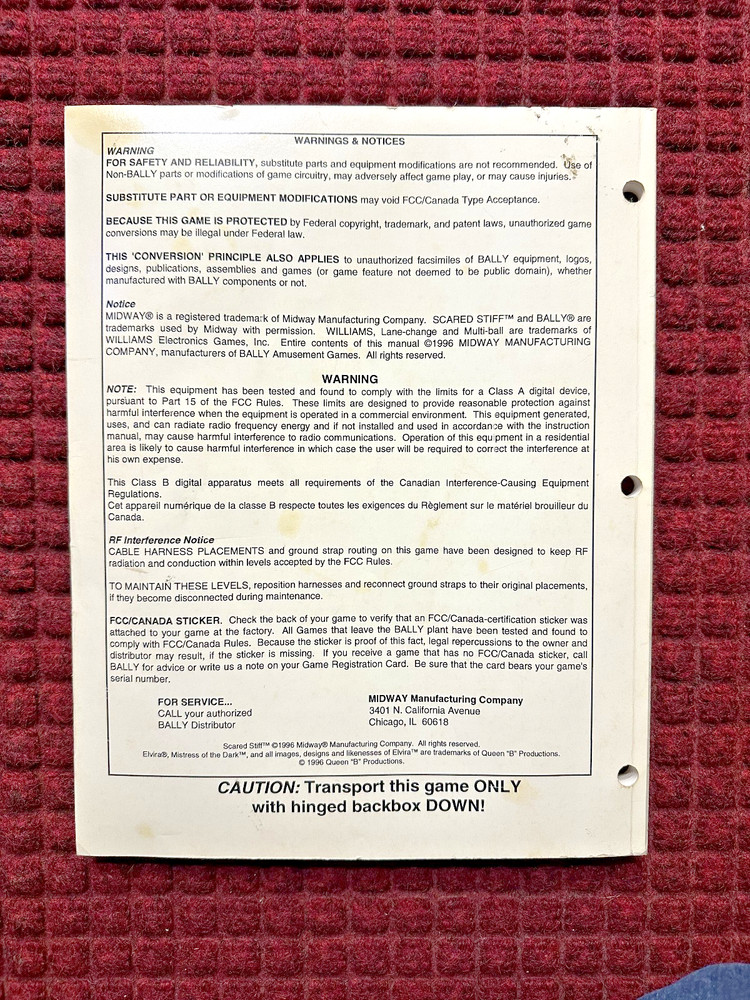 Bally Scared Stiff Pinball Manual - Original