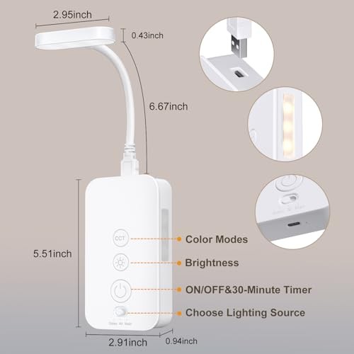 Wall Mounted Reading Light: Dimmable LED Book Lights with Timer & 1Pack White