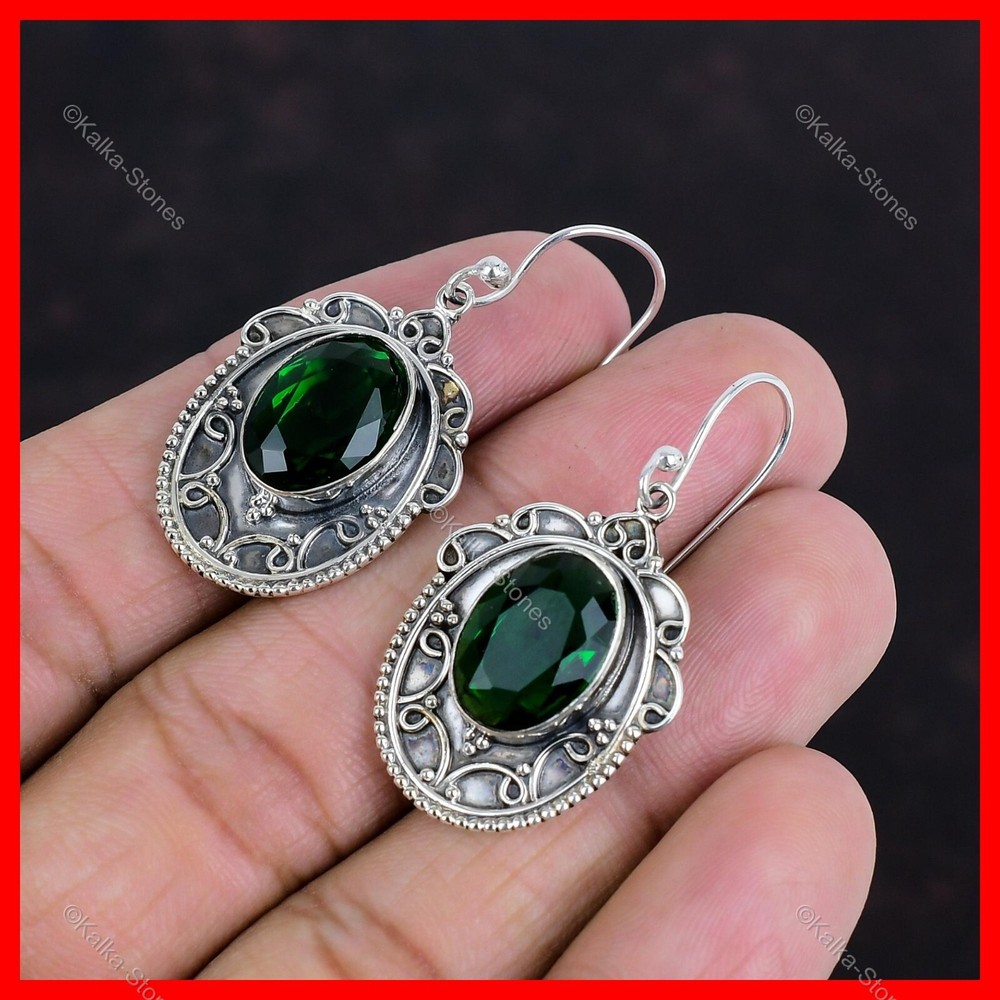 Oval Chrome Diopside Gemstone Sterling Silver Hook Dangle Drop Artisan Earrings