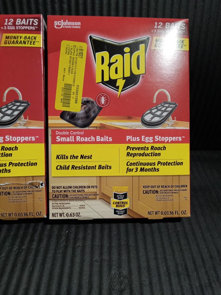 RAID Defense System 12 Double Control Small Roach Baits Plus 3 Egg Stoppers x 2