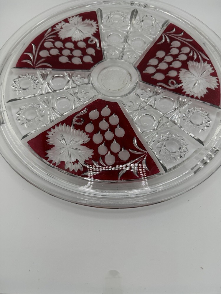 Vintage Ruby Czech Cut Glass Flat Cake Plate Read 12"